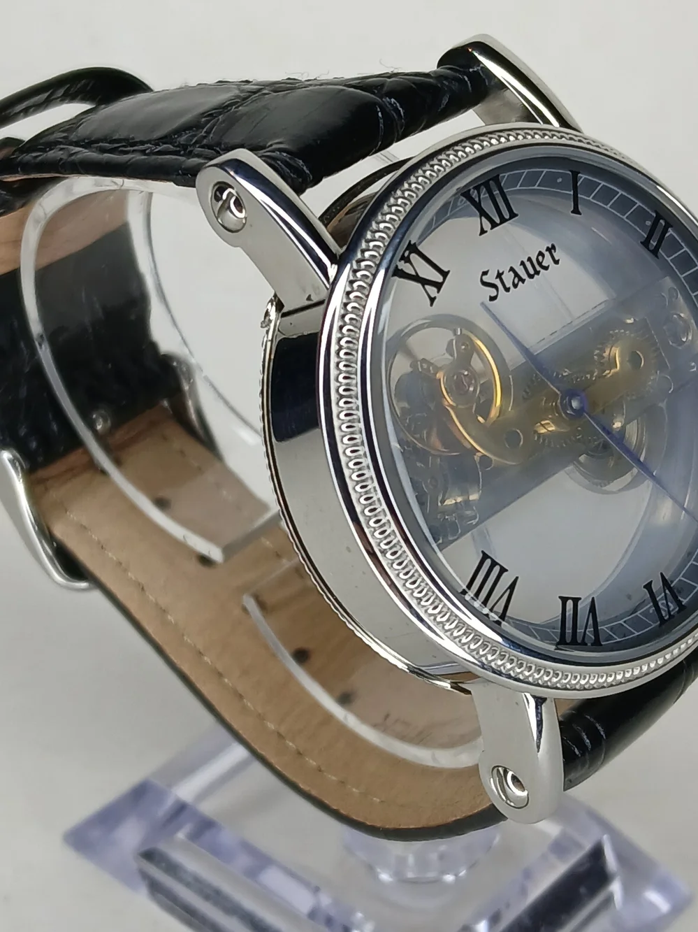 ​Stauer Men's Mechanical Skeleton Watch Blue Hands Leather Strap 3ATM Box 19891